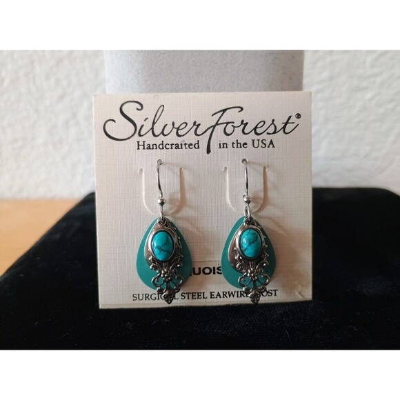 Silver Forest Jewelry - Silver Forest Turquoise Filigree Teardrop Shape Dangle Hook Earrings Silver Tone